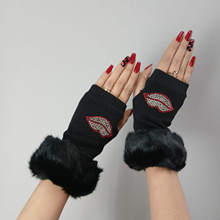 SİYAH KÜRKLÜ PARMAKSIZ DUDAKLI KADIN ELDİVEN