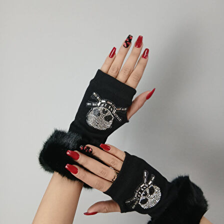 SİYAH KÜRKLÜ KURU KAFALI KADIN PARMAKSIZ ELDİVEN