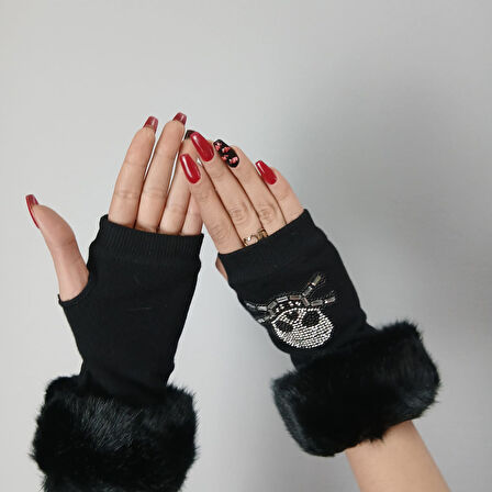 SİYAH KÜRKLÜ KURU KAFALI KADIN PARMAKSIZ ELDİVEN