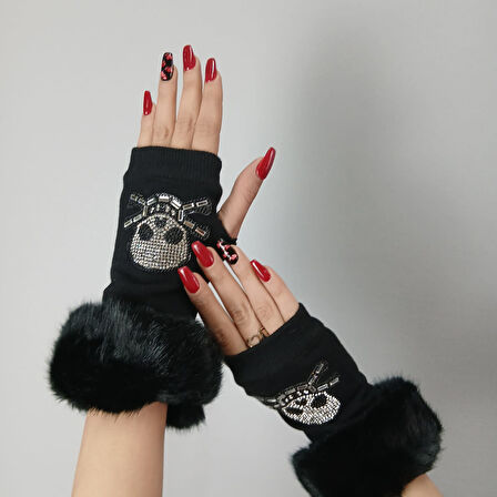 SİYAH KÜRKLÜ KURU KAFALI KADIN PARMAKSIZ ELDİVEN