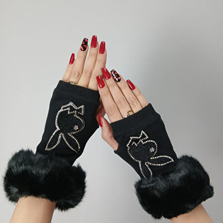 SİYAH KÜRKLÜ PARMAKSIZ TAVŞANLI KADIN ELDİVEN