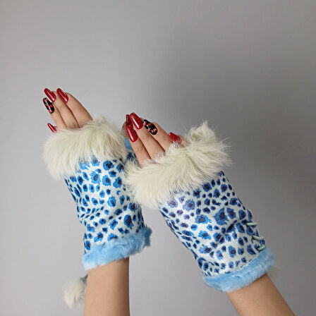 MAVİ LEOPAR KÜRKLÜ PARMAKSIZ KADIN ELDİVEN