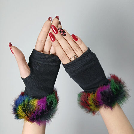 RENKLİ KÜRKLÜ TRİKO LİKRALI SİYAH KADIN ELDİVEN