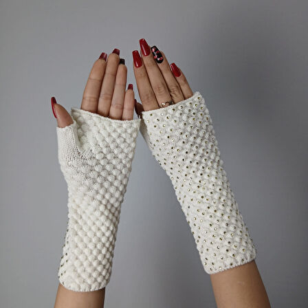 TAŞ İŞLEME EKRU TRİKO KADIN PARMAKSIZ ELDİVEN