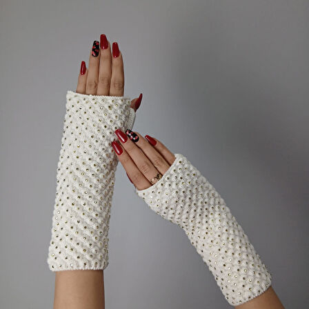 TAŞ İŞLEME EKRU TRİKO KADIN PARMAKSIZ ELDİVEN