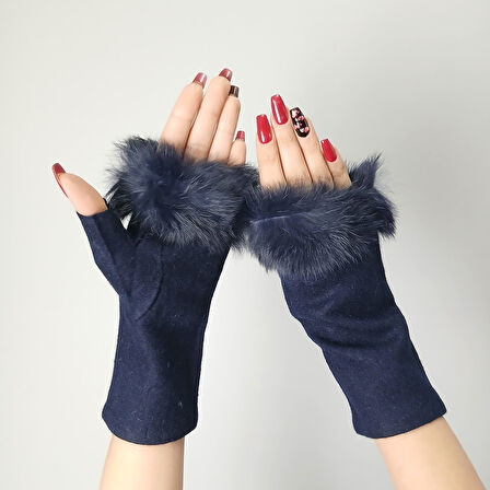 LACİVERT KÜRKLÜ TASARIM KADIN ELDİVEN PARMAKSIZ