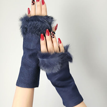 LACİVERT KÜRKLÜ TASARIM KADIN ELDİVEN PARMAKSIZ