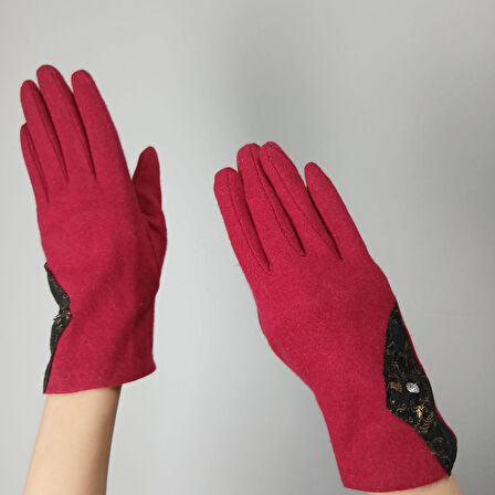 KIRMIZI DANTEL DETAYLI KAŞMİR KADIN ELDİVEN