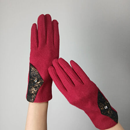 KIRMIZI DANTEL DETAYLI KAŞMİR KADIN ELDİVEN