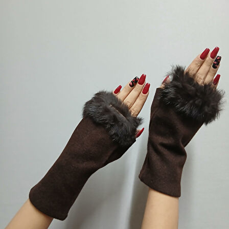 KAHVERENGİ KÜRKLÜ PARMAKSIZ KADIN ELDİVEN