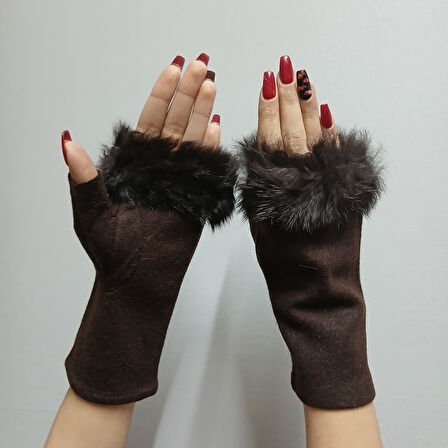 KAHVERENGİ KÜRKLÜ PARMAKSIZ KADIN ELDİVEN