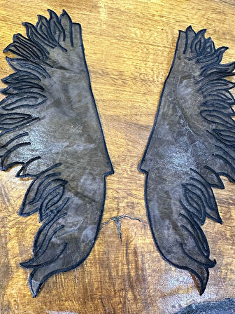 SİYAH İKİLİ TÜL NAKIŞ İŞLEME KANAT YAKA TAKIM APLİKE 32X10 CM
