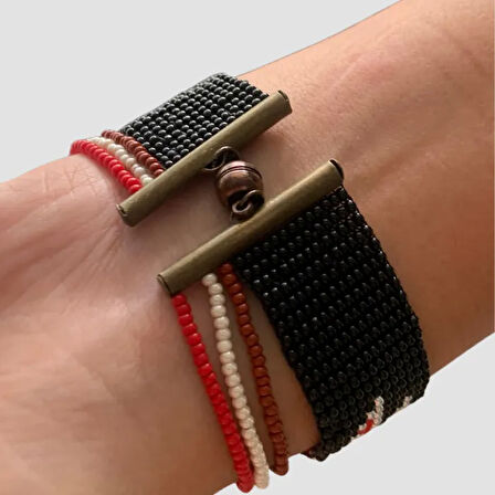 Uretti - Elif 7201  El Yapımı 16cm Kum Boncuk  Bileklik- Siyah