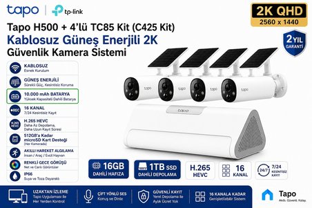 TP-Link Tapo 4'lü Kablosuz 2K Güneş Enerjili Kamera Sistemi | H500 | 16 Kanal 7/24 Kayıt