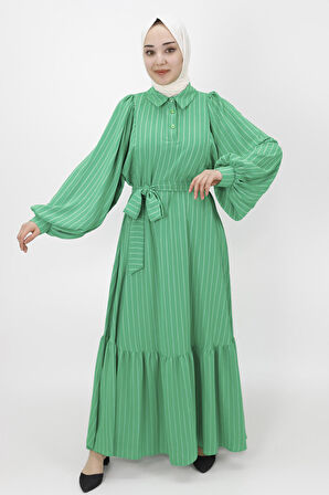 Çizgili Kemerli Salaş Elbise