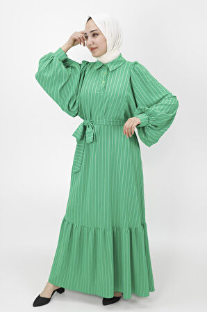 Çizgili Kemerli Salaş Elbise