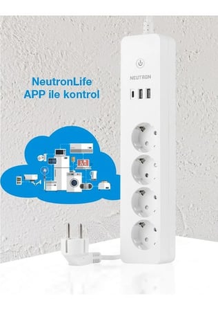 Neutron NTL-SW07 1050 Joule Akım Korumalı WiFi Akıllı Grup Priz – 4’lü, 2 USB + Type-C, 1 Mt Kablo