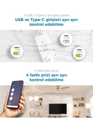 Neutron NTL-SW07 1050 Joule Akım Korumalı WiFi Akıllı Grup Priz – 4’lü, 2 USB + Type-C, 1 Mt Kablo