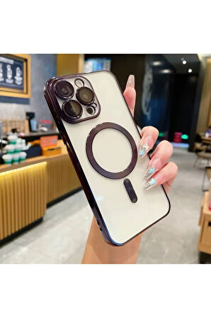 İPHONE 13 PRO MAX UYUMLU OMEGA MAGSAFE SERT KILIF KAMERA LENS KISMI AÇIK ŞEFFAF KENAR MOR