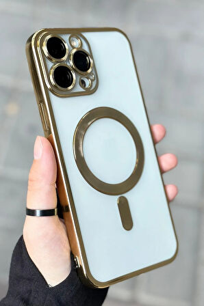 İPHONE 14 PRO UYUMLU OMEGA MAGSAFE SERT KILIF KAMERA LENS KISMI AÇIK ŞEFFAF KENAR GOLD