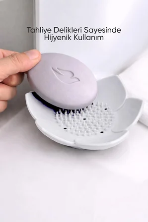 Lotus Desenli Beyaz Silikon Sabunluk Su Giderli Şık Sabun ve Sünger Tutacağı Aparatı