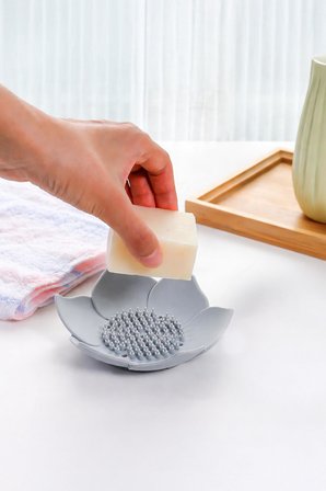 Lotus Desenli Gri Silikon Sabunluk Su Giderli Şık Sabun ve Sünger Tutacağı Aparatı