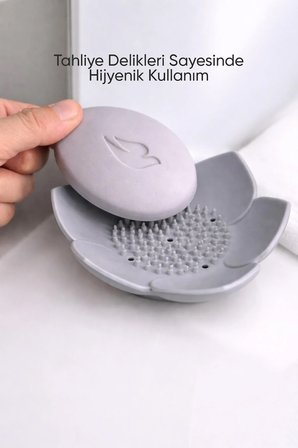 Lotus Desenli Gri Silikon Sabunluk Su Giderli Şık Sabun ve Sünger Tutacağı Aparatı