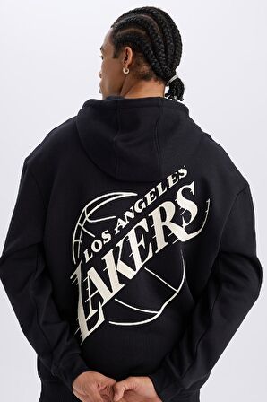 DeFactoFit NBA Los Angeles Lakers Boxy Fit Kapüşonlu Sırt Baskılı Kalın Sweatshirt A4114AX24WNBK81