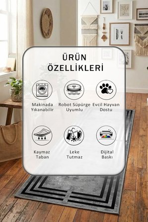 Weste Gri Yıkanabilir Kaymaz Taban Dijital Baskılı Yolluk Halı Gri