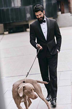 Erkek Siyah Slim Fit Dar Kesim Kırlangıç Yaka Desenli Klasik Smokin Takım
