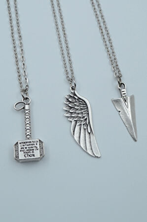 3'lü Thor Çekiç Büyük Kanat Triagle Ok Ucu Gümüş Kaplama Kolye Seti