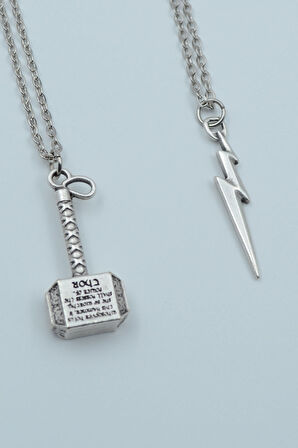 2'li Thor Çekiç Şimşek Gümüş Kaplama Kolye Seti