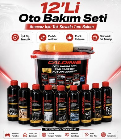 Caldini 12’li Oto Bakım ve Temizlik Seti – Kovalı Profesyonel Araç Bakım Paketi