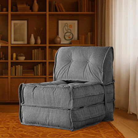 Homedius Mocca Fitilli Kadife Tek Kişilik Katlanır Yatak Olabilen Koltuk-Gri