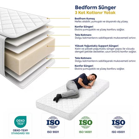Homedius Bedform Sünger 3 Kat Katlanır Yatak 90x190x12 
