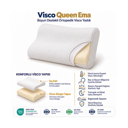 Homedius Visco Queen Ema Boyun Destekli Ortopedik Visco Yastık 55x35x12 cm