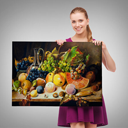 Harita Sepeti Masa Üstündaki Meyveler Yağlı Boya Görünümlü Tablo-1221