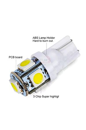 T10 Plaka Ledi Dipsiz Soket 5smd Led Beyaz Araç Ampulü 5 Adet