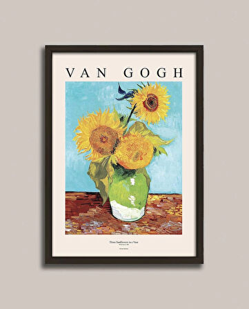 Van Gogh - Vazodaki 3 Ayçiçeği Ahşap Çerçeveli Tablo
