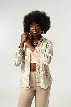 KADIN YAPRAK DESENLİ KREM RENGİ GÖMLEK