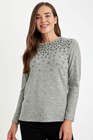 DeFacto Relax Fit Bisiklet Yaka Leopar Baskılı Yırtmaçlı Uzun Kollu Tişört D2701AX24AUGR210