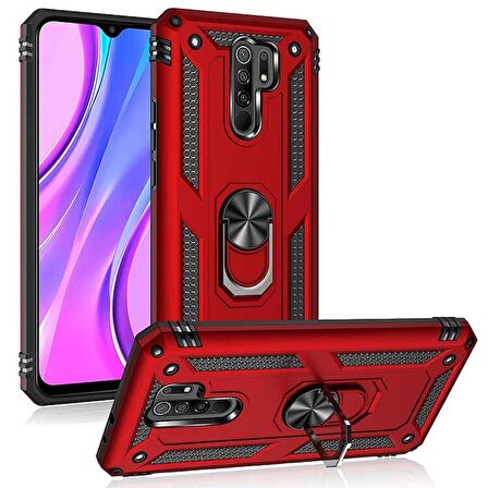 Smcase Xiaomi Redmi 9 Kılıf Vega Yüzüklü Çift Katmanlı Tank Kapak  Nano Ekran Koruyucu