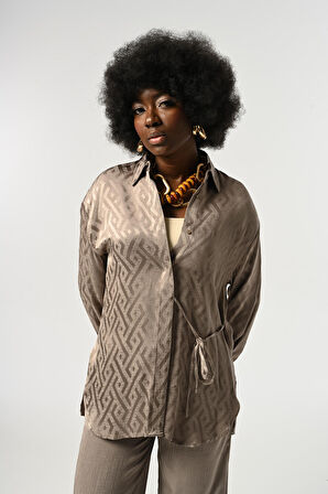 KADIN ETNİK DESENLİ BAĞLAMA DETAYLI GRİ RENK GÖMLEK