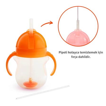 Munchkin Tıklama Kilitli Uçlu Pipetli Alıştırma Bardağı, 6ay+, 207ml, Turuncu ve Isı Göstergeli Yumuşak Uçlu Bebek Kaşıkları 2li Set