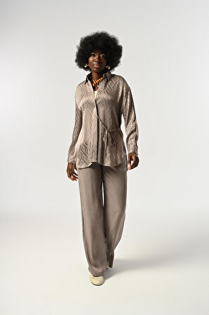 KADIN ETNİK DESENLİ BAĞLAMA DETAYLI GRİ RENK GÖMLEK