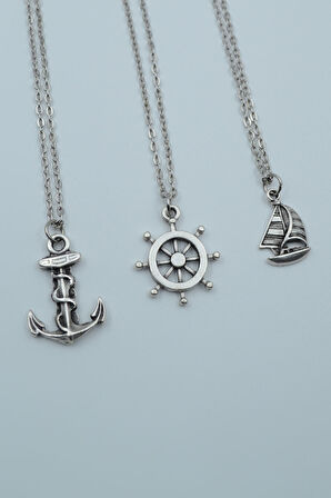 3'lü Gemici Dümen Çapa Yelkenli Gümüş Kaplama Kolye Seti
