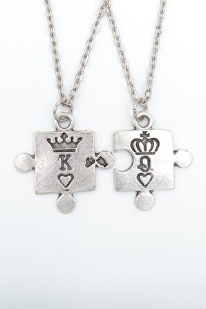 2'li Puzzle - Quenn - King - Sevgili Erkek Kadın Kolye Seti 925 Ayar Gümüş Kaplama