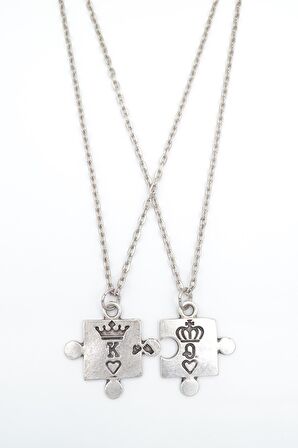 2'li Puzzle - Quenn - King - Sevgili Erkek Kadın Kolye Seti 925 Ayar Gümüş Kaplama