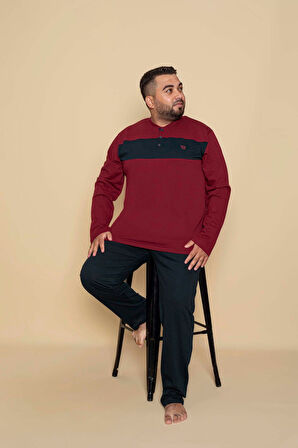 Erkek Büyük Battal Beden Desenli 3 Düğmeli %100 Pamuk Mevsimlik Uzun Kollu Cepli Pijama Takımı