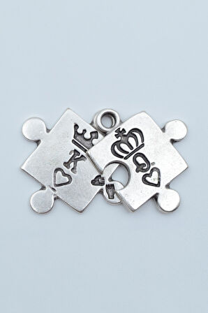 Puzzle - Queen - King - Sevgili Gümüş Kaplama Kolye Ucu